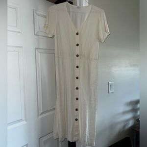 Midi-length Cream Linen Dress w/ Buttons